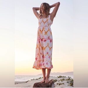 RAILS Rumi Tie-Dye Smocked Midi Dress Cotton Ruffle Beach Coastal Resort Sz S